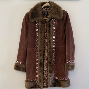 Boston Proper Brown Suede Jacket with Faux Fur Trim and Crystal Detailing